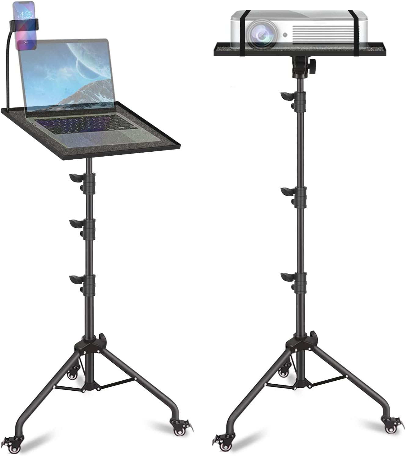 Hcosmy Projector Stand Tripod, Laptop Tripod on Wheels, Adjustable Height from 60 cm to 160cm Projector Tripod Laptop Floor Stand with Gooseneck Phone Holder for Office Home Stage Studio DJ Equipment
