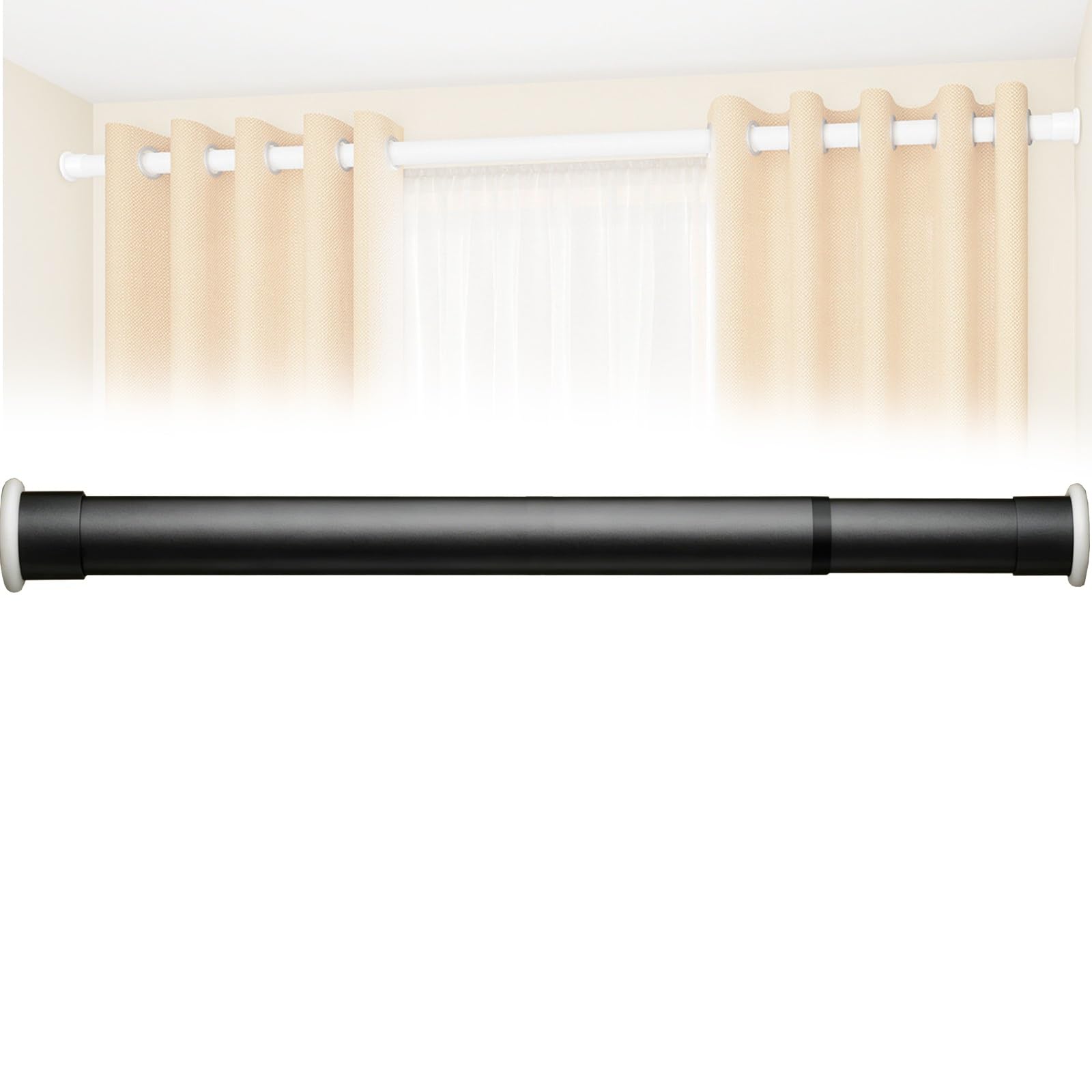 Shower Curtain Rod, Spring Tension Curtain Rod 28" to 122", Rust Resistant Carbon Steel, No Drill for Windows Bathrooms Bedrooms(Black,110-160cm/43-63in)