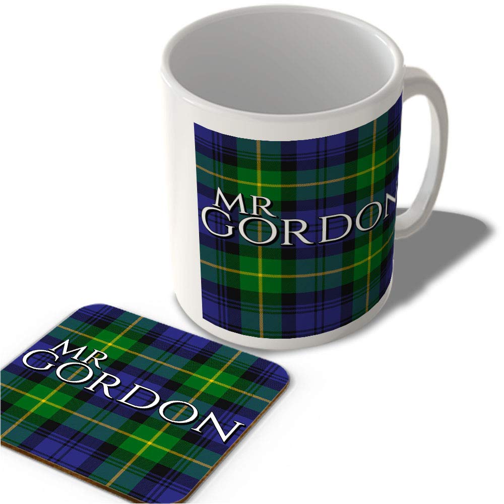 Mcmug White - Mr Gordon - Gordon Modern Tartan - (Full Background) - Scottish Mug And Coaster Set, Ceramic, 11Fl.oz.