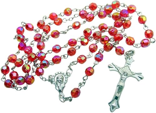 Miniatura 3 de Westmon Works Rosario de cuentas acrílicas rojas de primera comunión con centro de mesa de metal Mary y juego de crucifijo con bolsa de cordón y