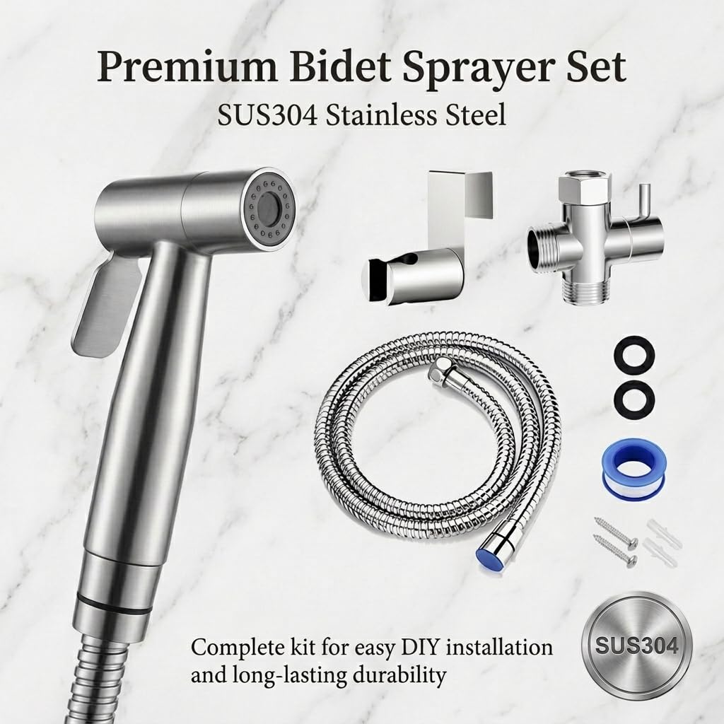 Grifo Bidet para WC Ducha Higiénica de Acero Inoxidable con Manguera 1.5m, para Higiene Personal y Limpieza de Mascotas Incluye Adaptador G1/2 (Acero)
