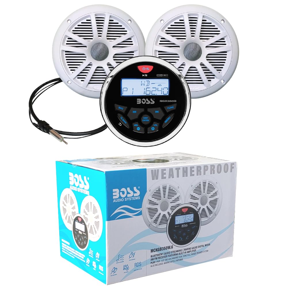 KIT SET PER BOSS AUDIO SYSTEMS MCKGB350W.6 1 kit marino con ricevitore AM/FM bluetooth waterproof, una coppia di altoparlanti MR6W da 16,5 cm 6,5" 90 watt rms 180 watt max e una dipole antenna, 1 kit