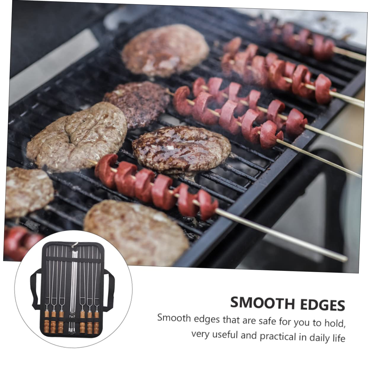 Spiedini Barbecue 10 Pezzi in Acciaio Inossidabile con Manico Nero | Impugnatura in Legno, Bordi Lisci e Struttura Robusta, Sacchetto Incluso, per Uso Outdoor e Quotidiano