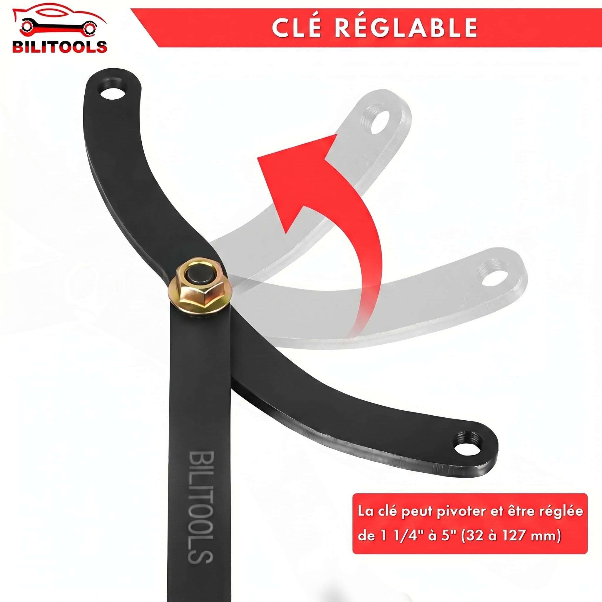 BILITOOLS Clé Maintien Poulie 1/2 Pouce Réglable avec Goupilles | Outil poulie vilebrequin avec entraînement 1/2", goupilles interchangeables pour courroies accessoires et moteurs auto