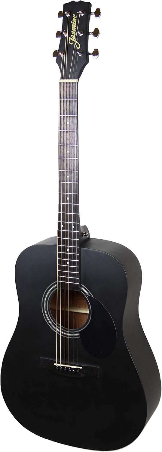 Jasmine S35 Dreadnought Acoustic Guitar - Matte Black Bundle with Hard Case, Tuner, Strings, Strap, Picks, Instructional Book, Austin Bazaar Instructional Video, and Polishing Cloth