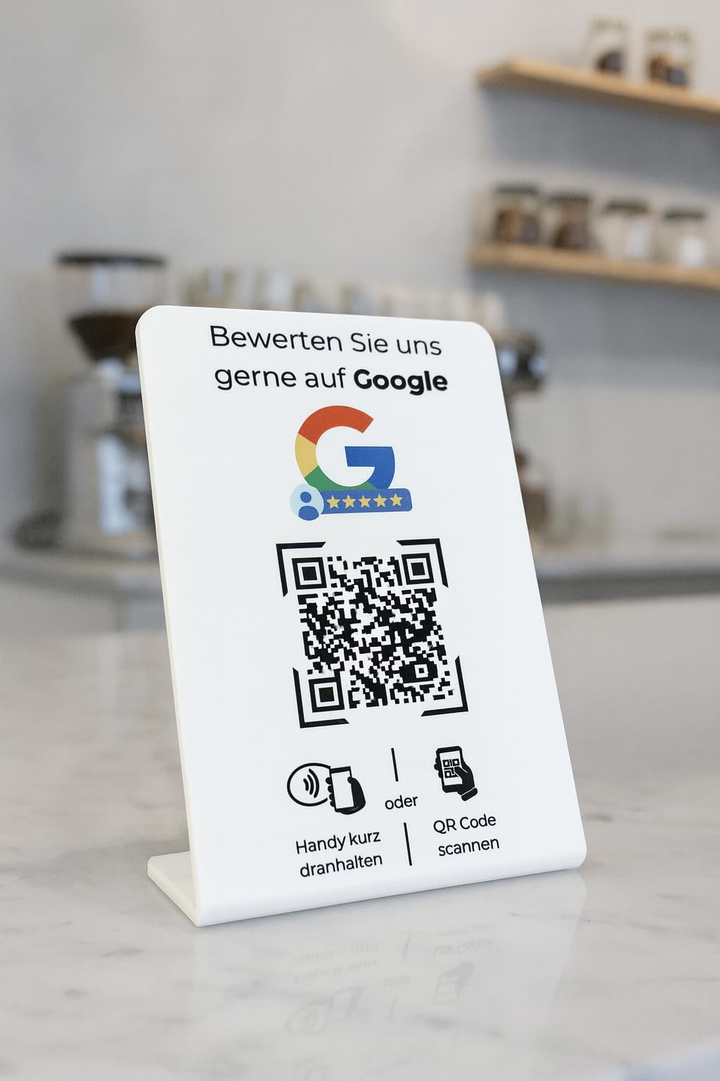 Aufsteller Schild für Google Bewertungen mit QR-Code NFC 16,5 x 10,5 cm weiß
