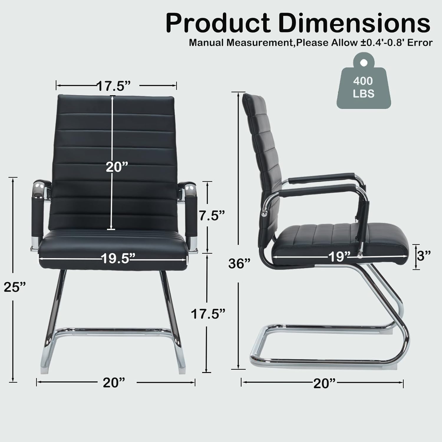 Black Office Guest Chairs No Wheels Set of 2, Modern Leather Office Reception Chairs with Sled Base & Mid Back, Customers & Visitor Chairs for Conference Room, Waiting Room, Meeting Room