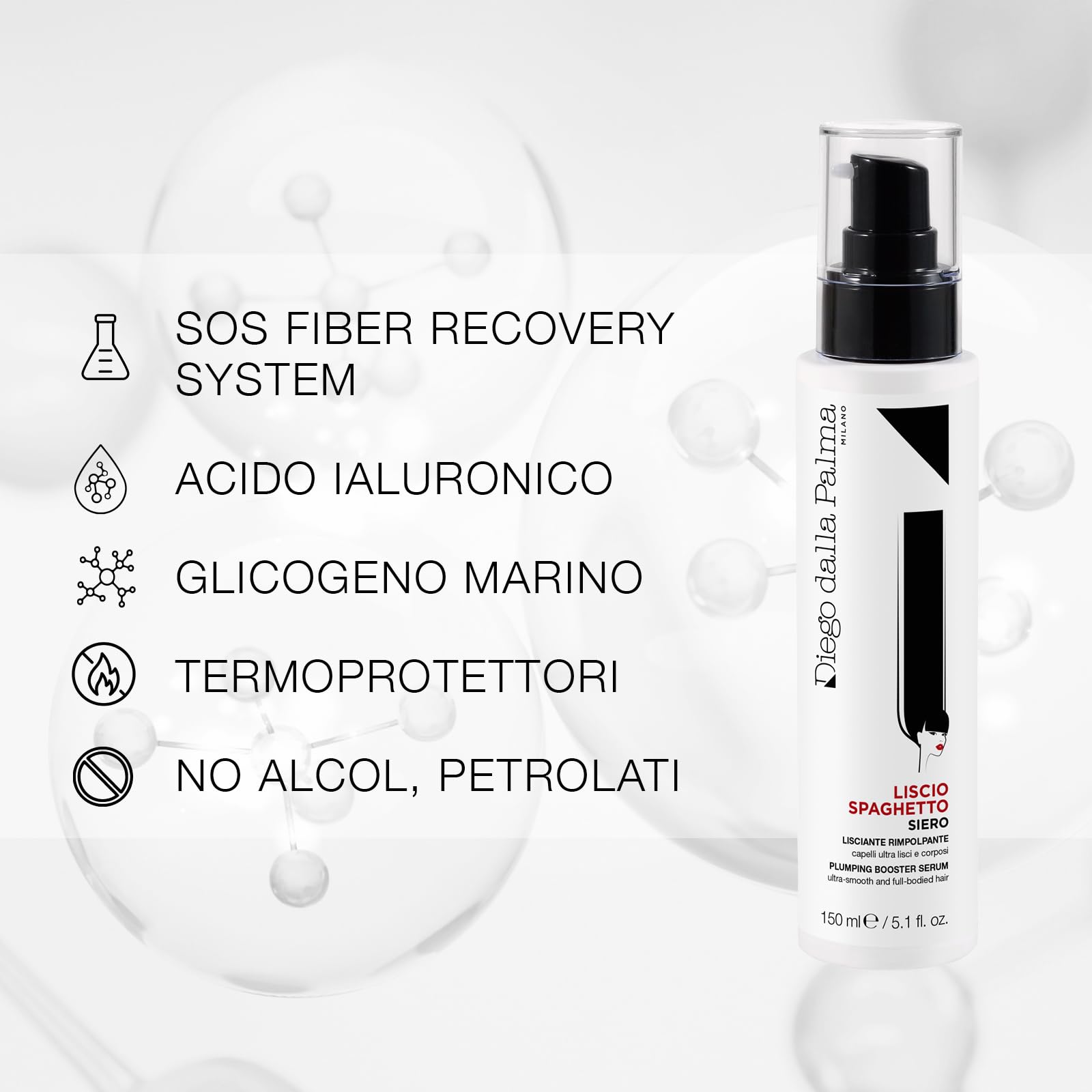 Diego dalla Palma | LISCIOSPAGHETTO - SIERO LISCIANTE RIMPOLPANTE, Siero Capelli Senza Risciacquo con Acido Ialuronico e Agenti Termoprotettori, Liscio Perfetto, 150ml
