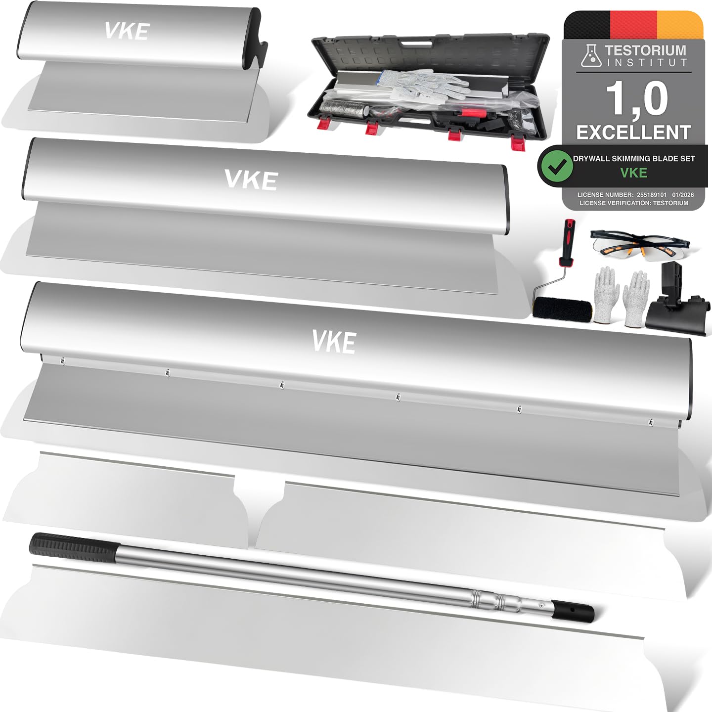 VKE Drywall Skimming Blade Set Stainless Steel 30/50/80cm, Speed Skim 2.1m Extension Handle, Professional Plastering Spatula for Large Working Area Wall Decoration, 3 Extra Skimming Blades(6 PCS)