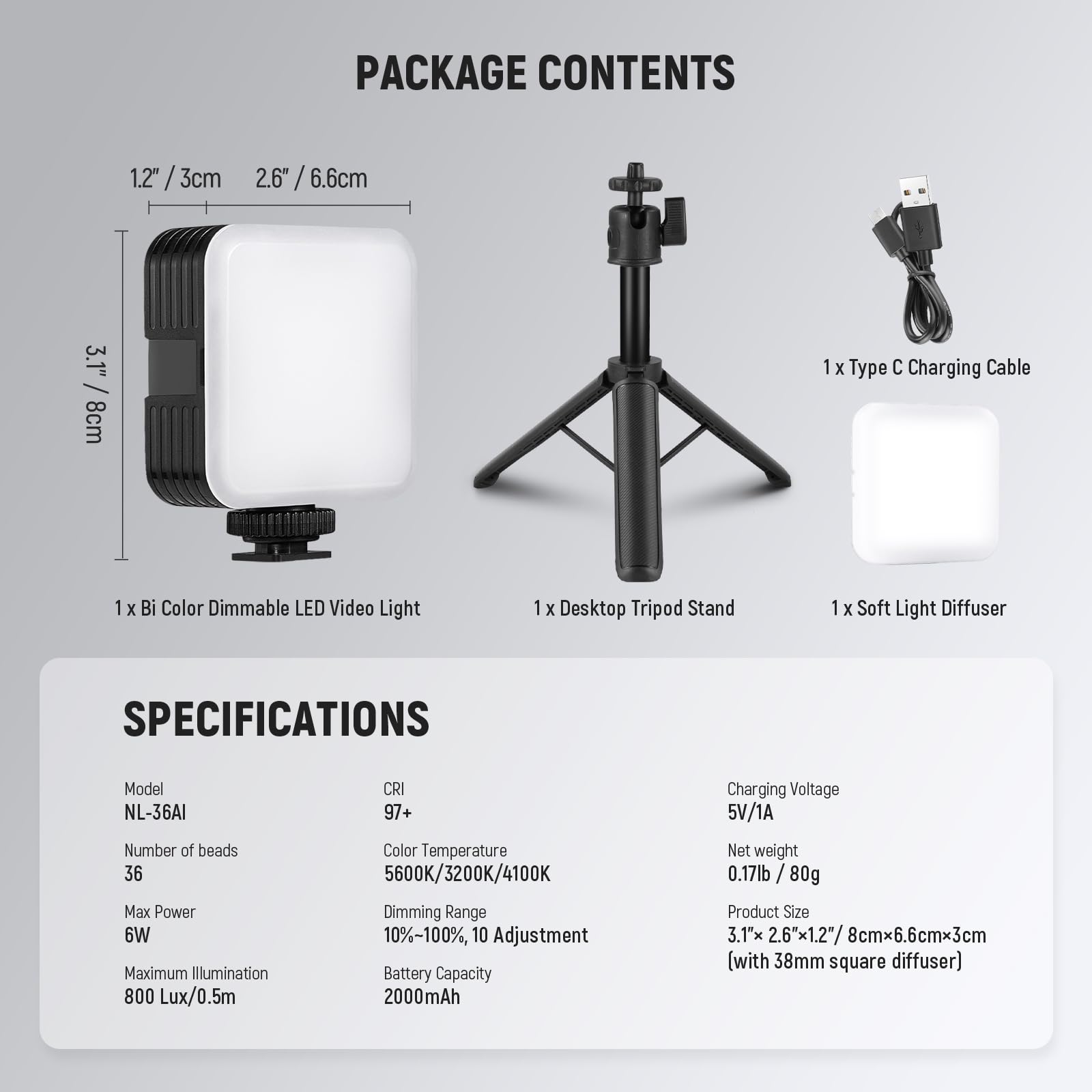 NEEWER Vdeo Luz LED Cámara con Trípode Escritorio, Pequeño Panel Luz Regulable Bicolor 3200K-5600K, CRI 97+, 8 Escenas, 2000mAh Batería Recargable para Grabación/Fotografía de Vlog, NL-36AI