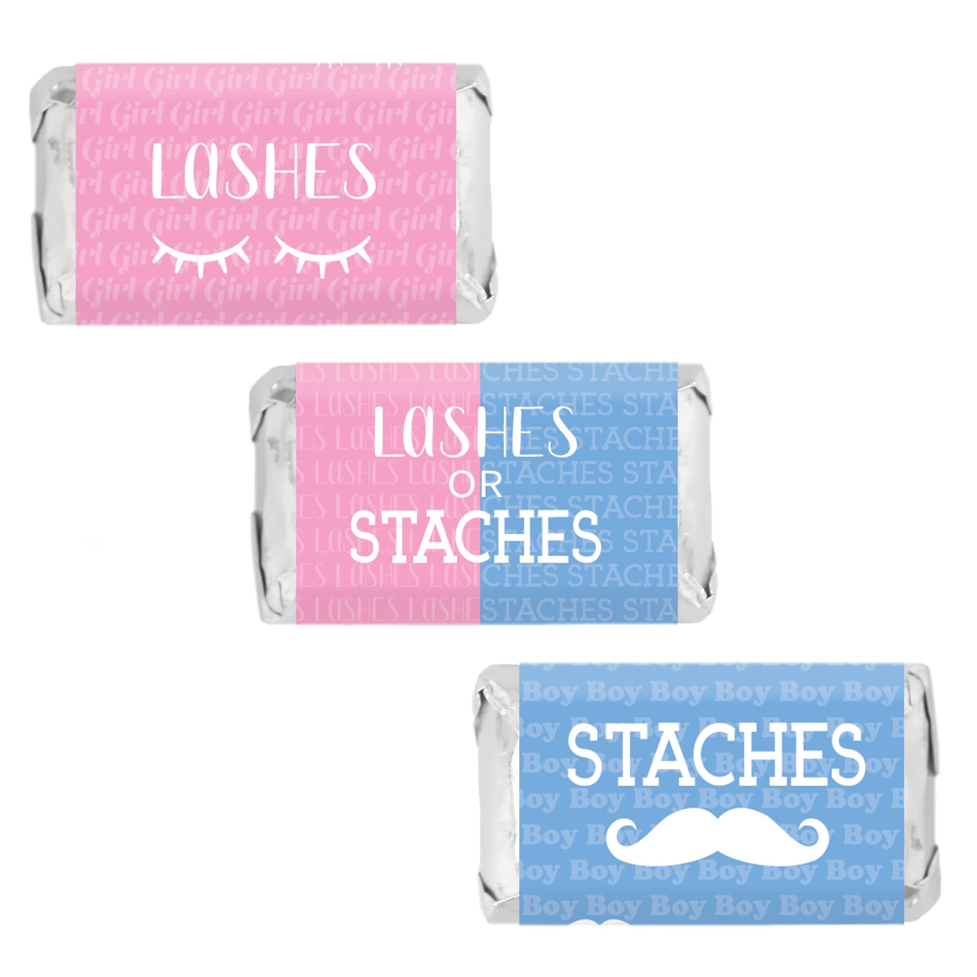 DISTINCTIVS Baby Gender Reveal Mini Candy Bar Wrappers - Lashes or Staches - 42 Stickers