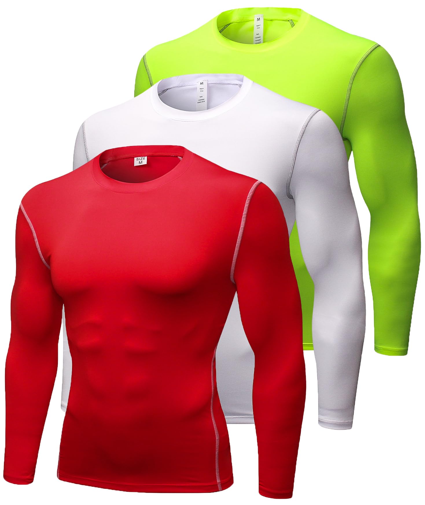 Queerier Men's Green + White + Red Compression Shirt Long Sleeve Thermal Workout Shirts Athletic Basketball Base Layer Undershirts Sports Top, Large