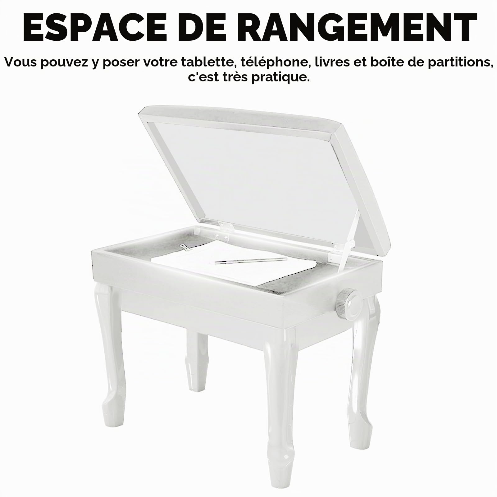 Banc de Piano,Banc Piano en Cuir PU épais à 10 Boutons, Tabouret Piano réglable en Hauteur à Pieds courbés en Bois Massif,Banquette Piano avec Compartiment de Rangement,Tabouret Piano Blanc