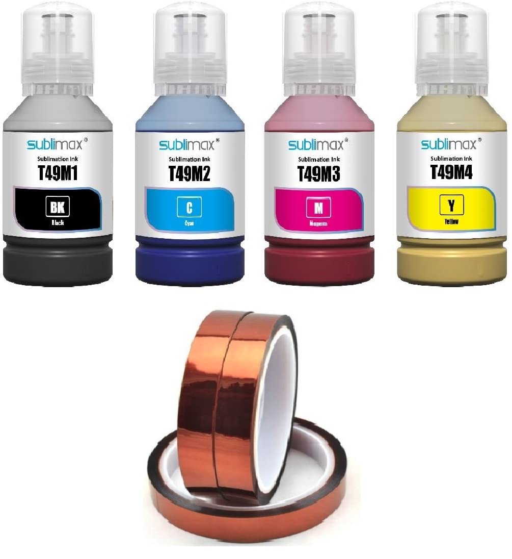SublimaxT49M Sublimation Ink Compatible for F170 and F570 Printer - Bundle 3 Heat Resistant Tapes - Autofill 4x140ml Cyan Yellow Magenta Black