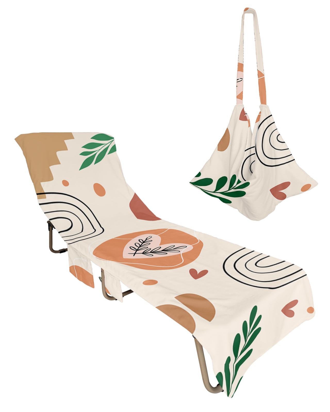 Middle Century Beach Lounge Chair Towel Cover, Soft Chaise Lounge Towel with Side Pockets Patio Pool Chairs Cover for Beach/Pool Sunbathing 29x85 Boho Geometric Love Heart Botanical