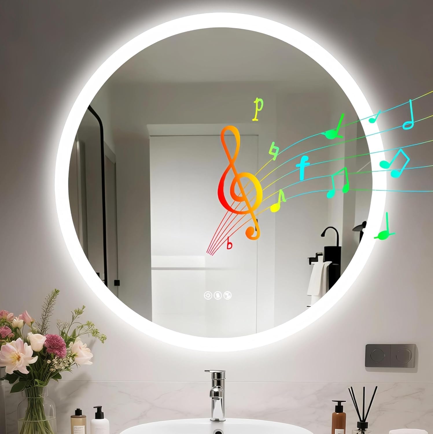 LUVODI Bathroom Mirror with LED Lights: 800mm Round Wall Illuminated Mirror with Bluetooth Dimmable 3 Colours Backlit, Anti-fog, Memory Function, IP56