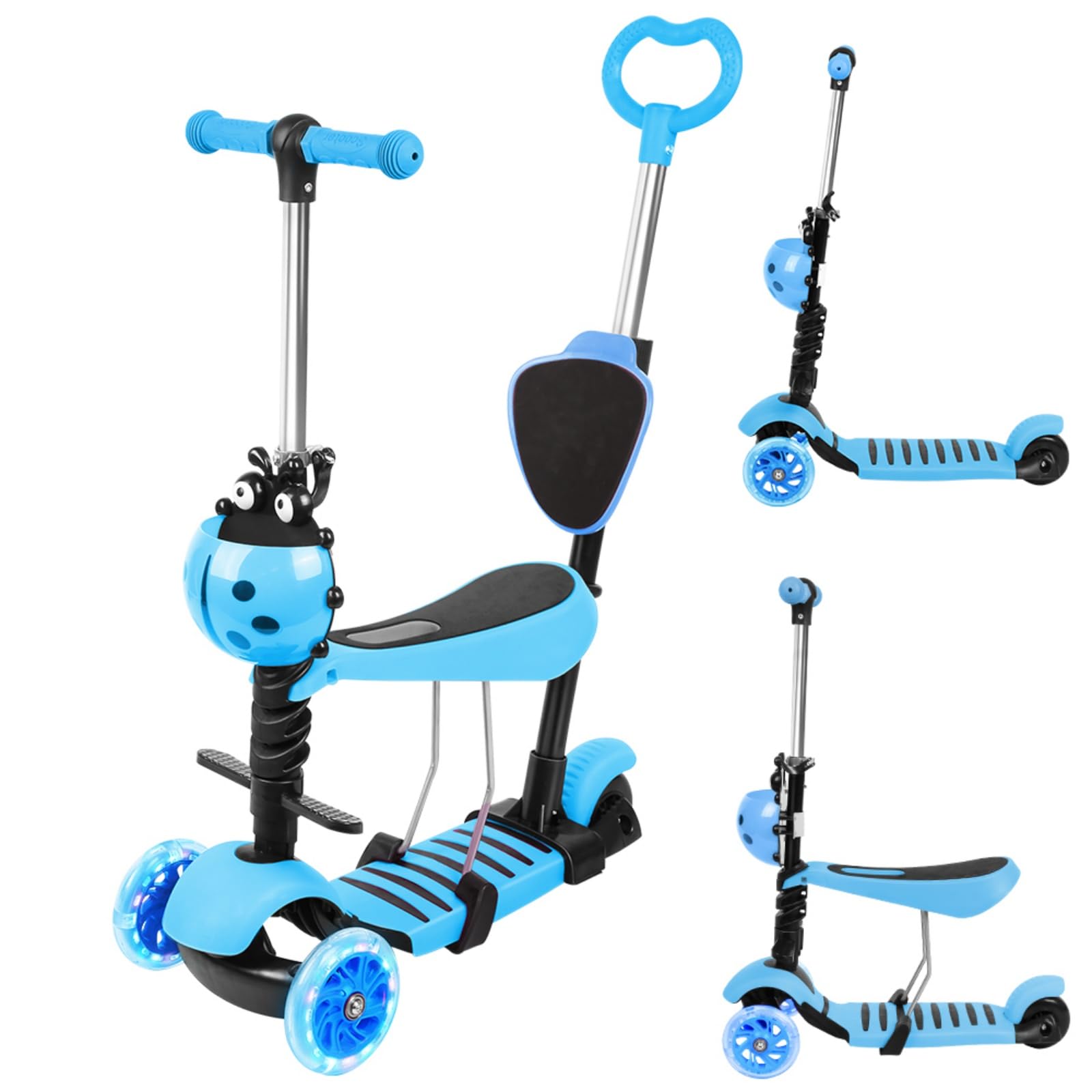 Patinete 3 en 1 para niños de 2 a 8 años, patinete de 3 ruedas LED con mango de empuje patineta infantil plegable con altura ajustable, carga máxima 50 kg