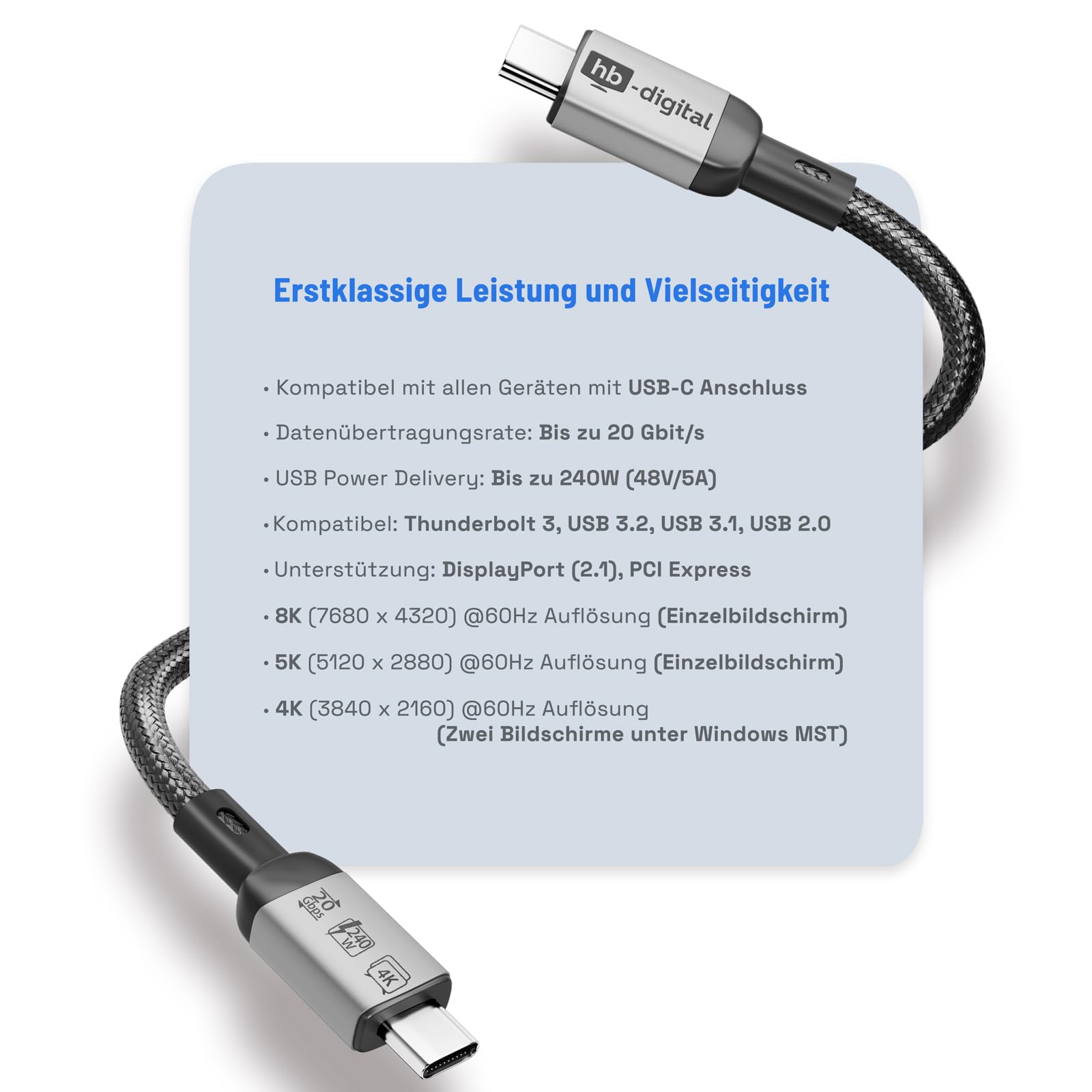 HB-DIGITAL 2 m, 4 cavi USB C USB 4.0 Gen3, cavo di ricarica veloce fino a 240 W, cavo dati 20 Gbps 8 K, 60 Hz, 4 K, nylon intrecciato per iPhone 16 15 Pro, Samsung Galaxy S23 S22 S21