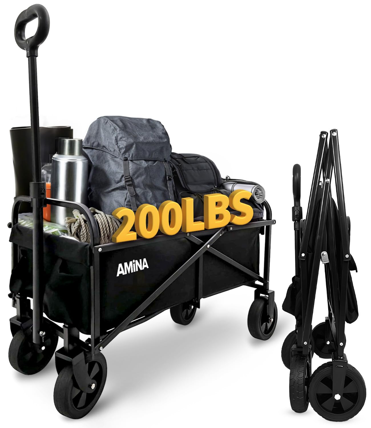 AMiNA Wagons Carts Foldable - Collapsible Wagon Lightweight, Water-Resistant Carts with Wheels, Folding Wagon 200 lbs Weight Capacity for Sports,