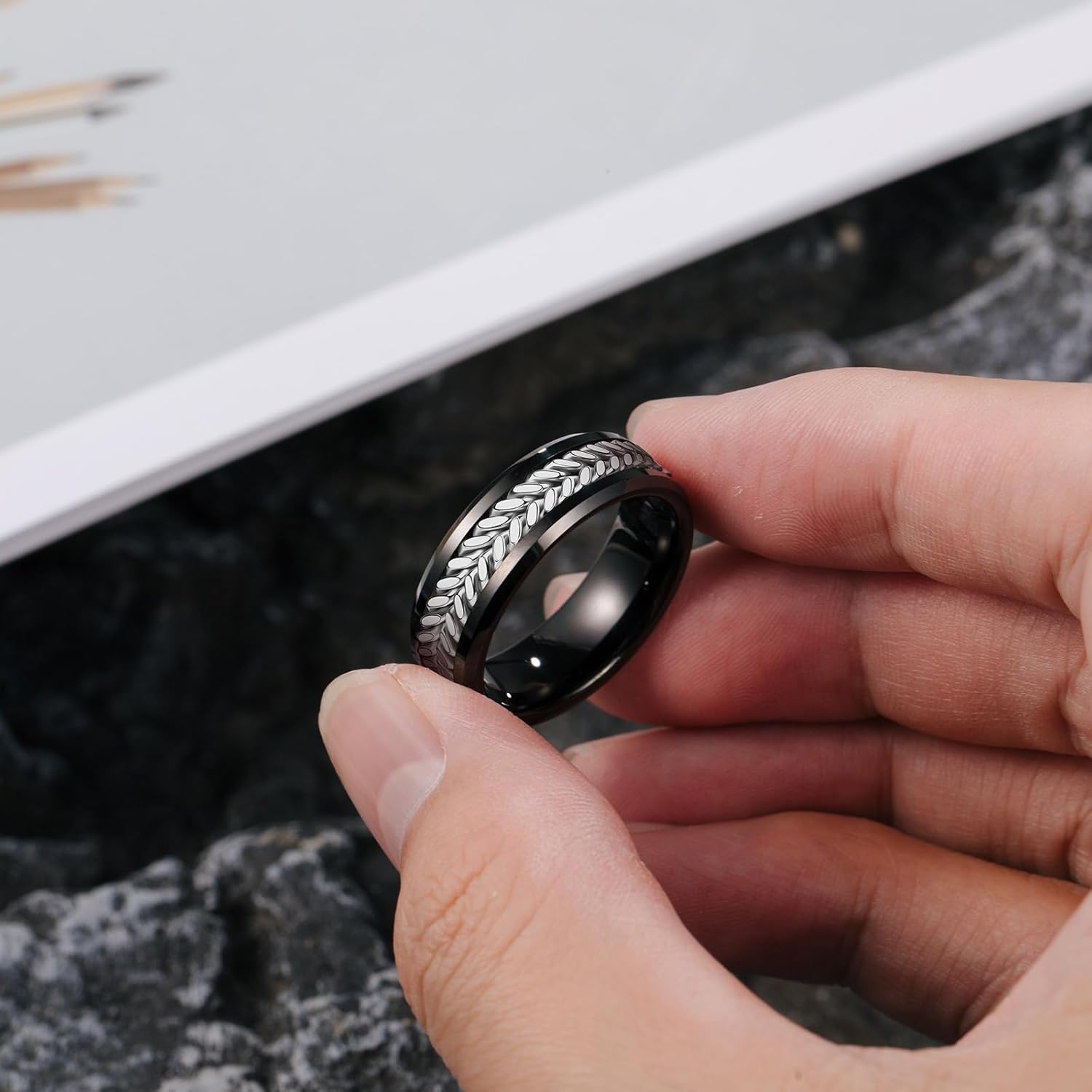 NUNCAD 8mm Men's Wedding Band Tungsten Carbide Rings,Black Rings for Men with Silver Stainless Steel Inlay,Comfort Fit High Polished Finish Beveled Edges Scratch-Resistant Ring Size 7-12 - Image 4