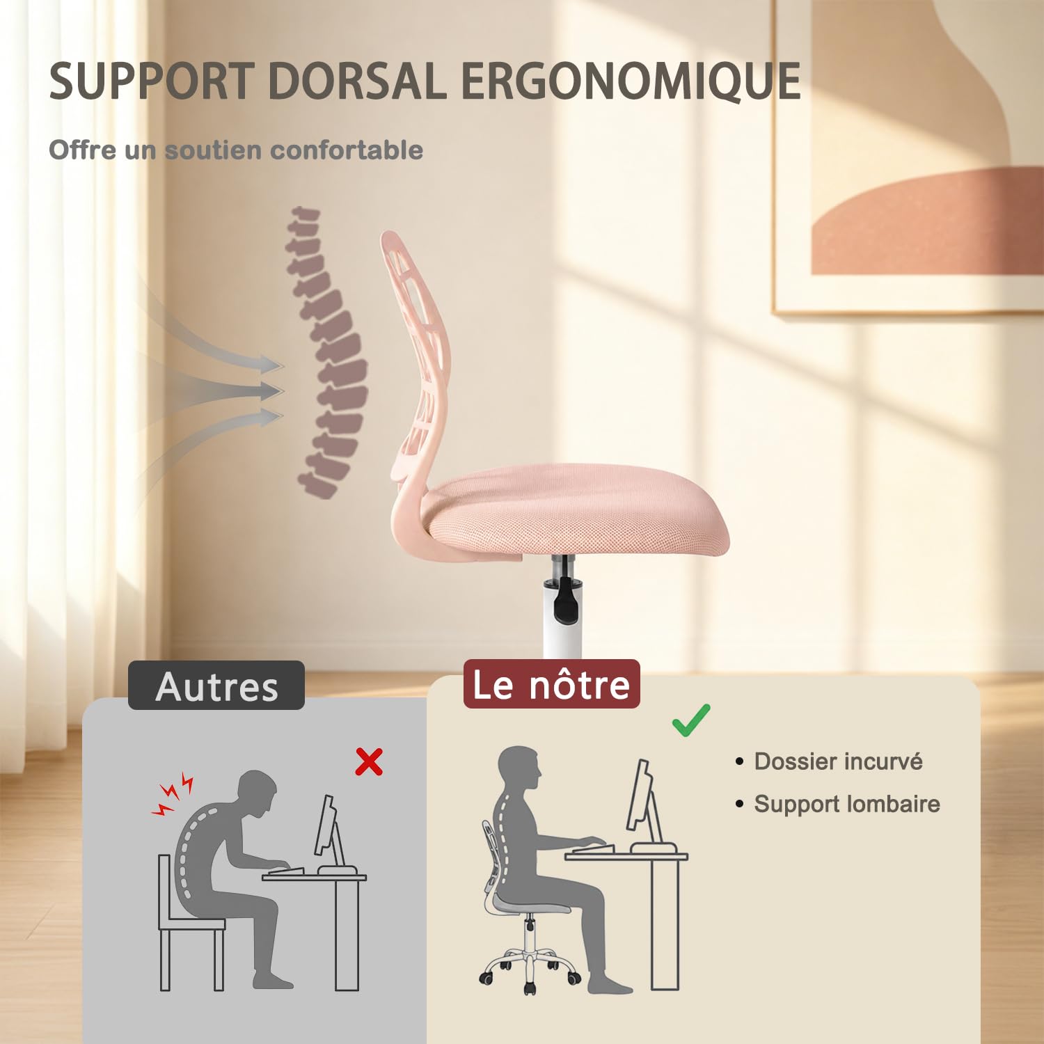MEUBLE COSY Chaise de Bureau Ergonomique, Siège Pivotant, Réglable en Hauteur, Chaise Ordinateur sans Accoudoirs, pour Télétravail, Étude et Chambre, Rose Corail