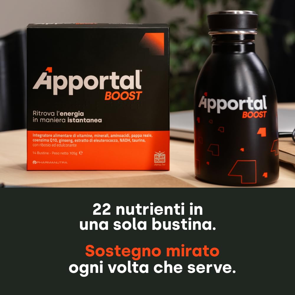 Apportal Boost, Integratore alimentare con Taurina, Ginseng e Vitamina B12, Sostegno mirato al benessere di mente e corpo nei periodi di maggiore impegno, Senza caffeina, 14+14 bustine
