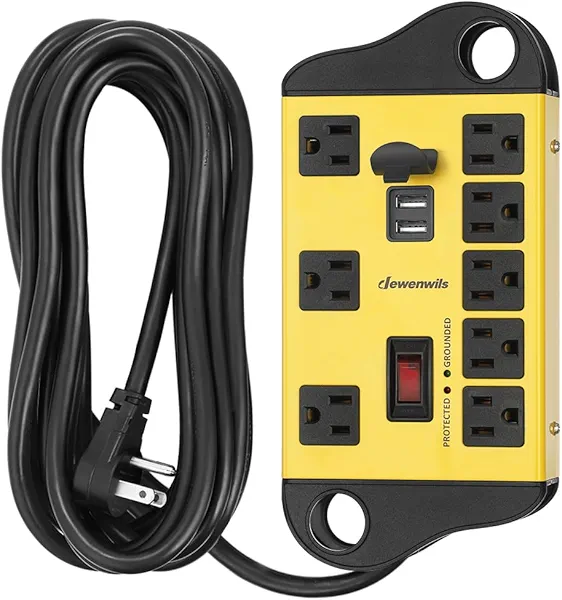 DEWENWILS 8-Outlet Metal Power Strip Surge Protector with 2 USB Ports, UL Listed, 15 Ft Flat Plug Extension Cord, Heavy Duty Industrial Power Strip,15A Circuit Breaker, 1440Joules, Wall Mount