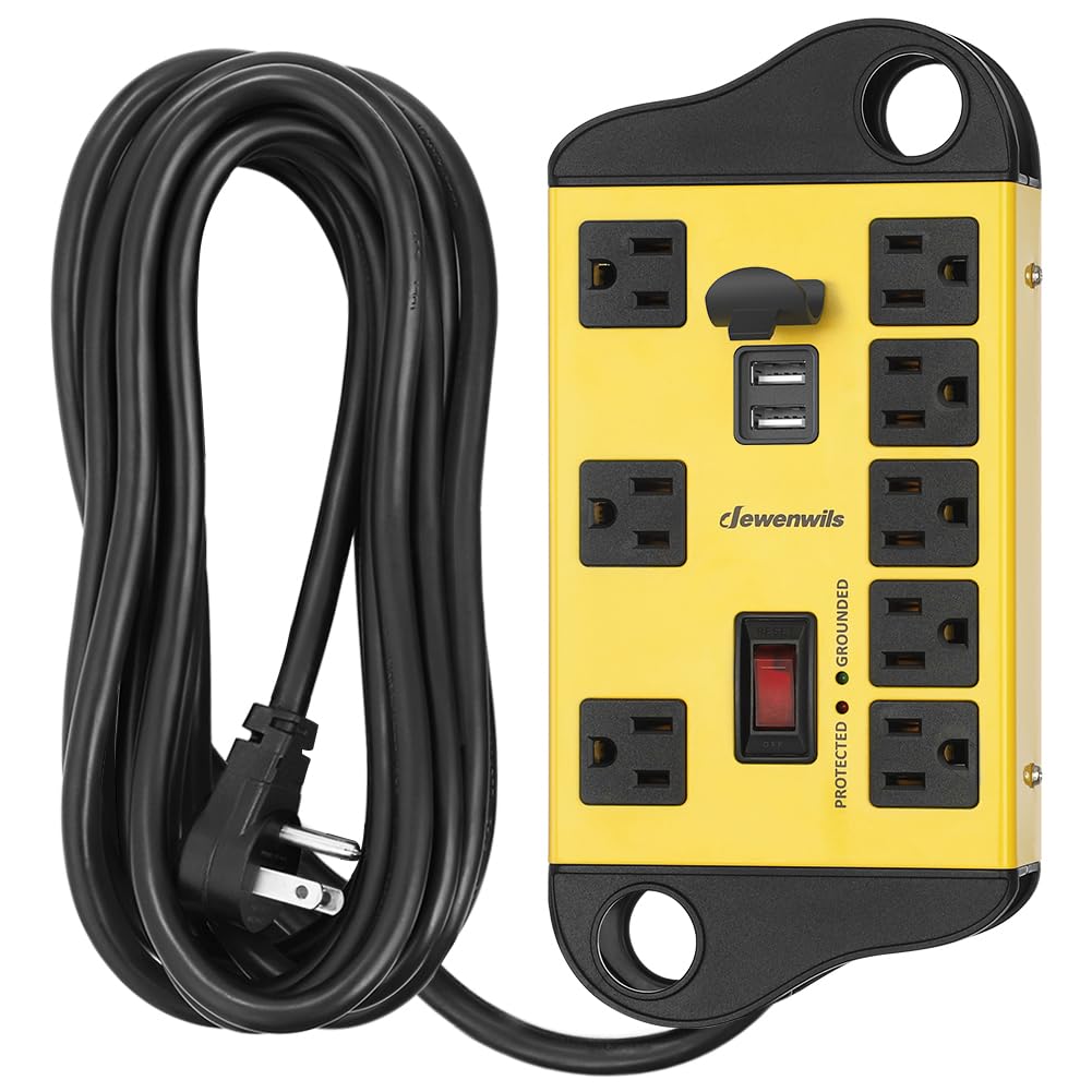 DEWENWILS 8-Outlet Metal Power Strip Surge Protector with 2 USB Ports, UL Listed, 15 Ft Flat Plug Extension Cord, Heavy Duty Industrial Power Strip,