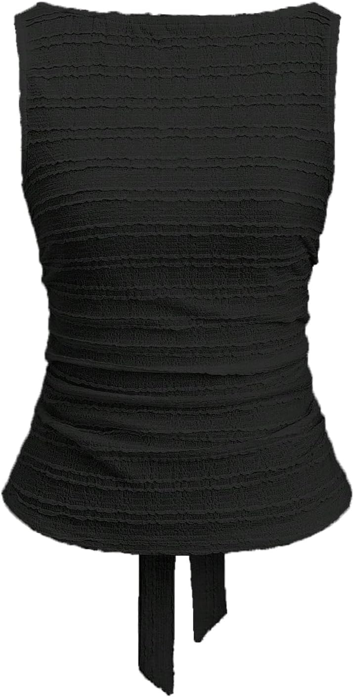 SOLY HUX Women's Summer Tank Top Bow Tie Back Boat Neck Sleeveless Textured Going Out Tops