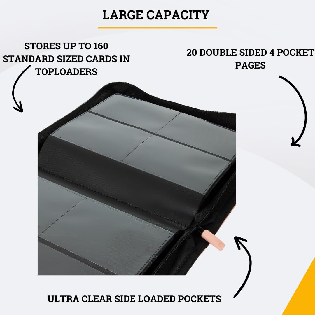 card guardian toploader binder - 4 Pocket top loader binder with Zipper for 160 Cards - Side Loaded Pockets - Compatible with Sports and Trading Cards TCG (Black) ensuring your valuable Pokmon cards Card Guardian, Toploader 4 Pocket