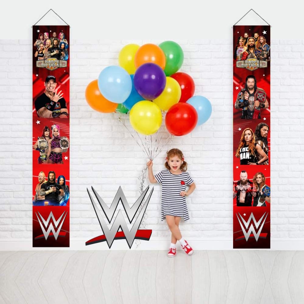 Image of 2Pcs Wresting Birthday Porch Sign Door Hanging Banner Party Supplies for Wresting Themed Door Decorations