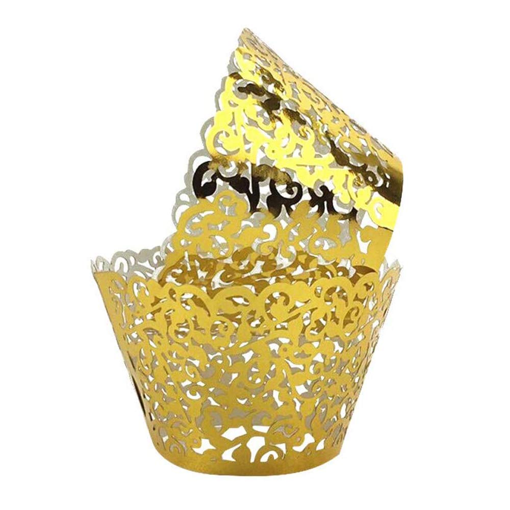 KOSTOO Cupcake Wrappers 50pcs/Pack Lace Cupcake Liners Laser Cut Cupcake Papers Cupcake Muffin Cups for Wedding/Birthday Party Decoration (Shiny Gold)