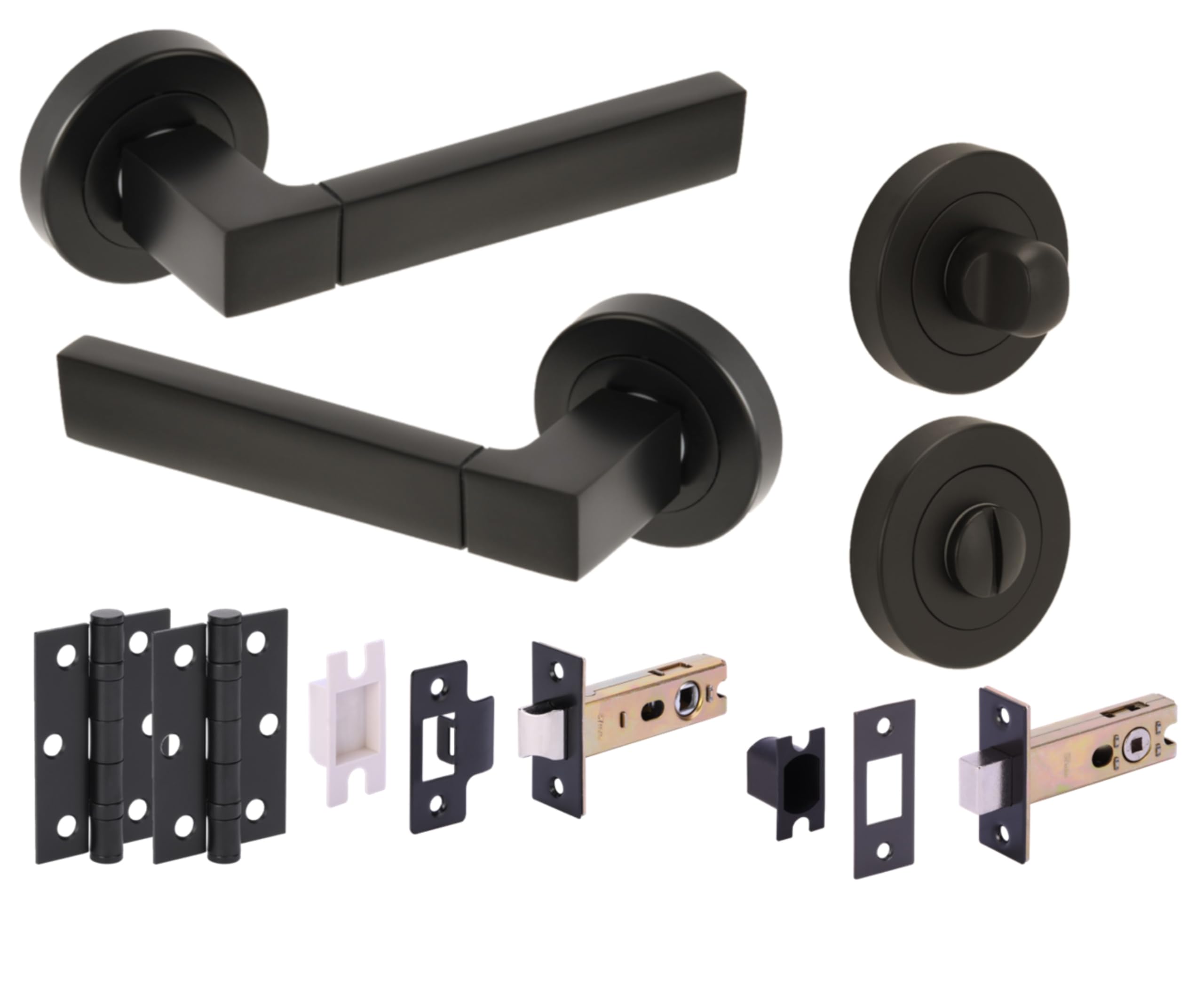 Hunta HANDLEZONE® Luxa Door Handles on Rose Bathroom Deadbolt Pack, 76mm Lock and Latch, 75mm Ball Bearing Hinges - Black Matt