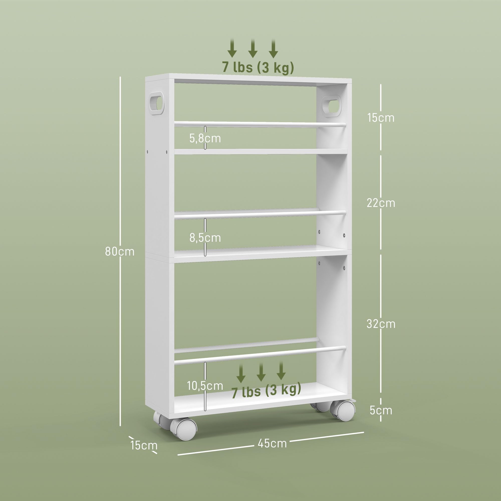 HOMCOM Carrito Auxiliar con Ruedas Carrito de Cocina 45x15x80 cm Blanco | Delgado de 3 Niveles, con Barandillas Laterales y Asas, para Comedor Sala Baño