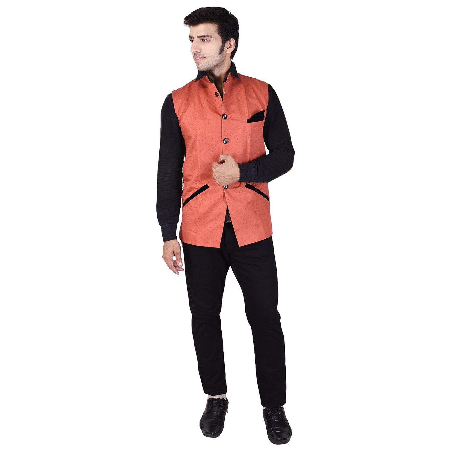Men's Printed Orange Cotton Nehru Jacket-image-33