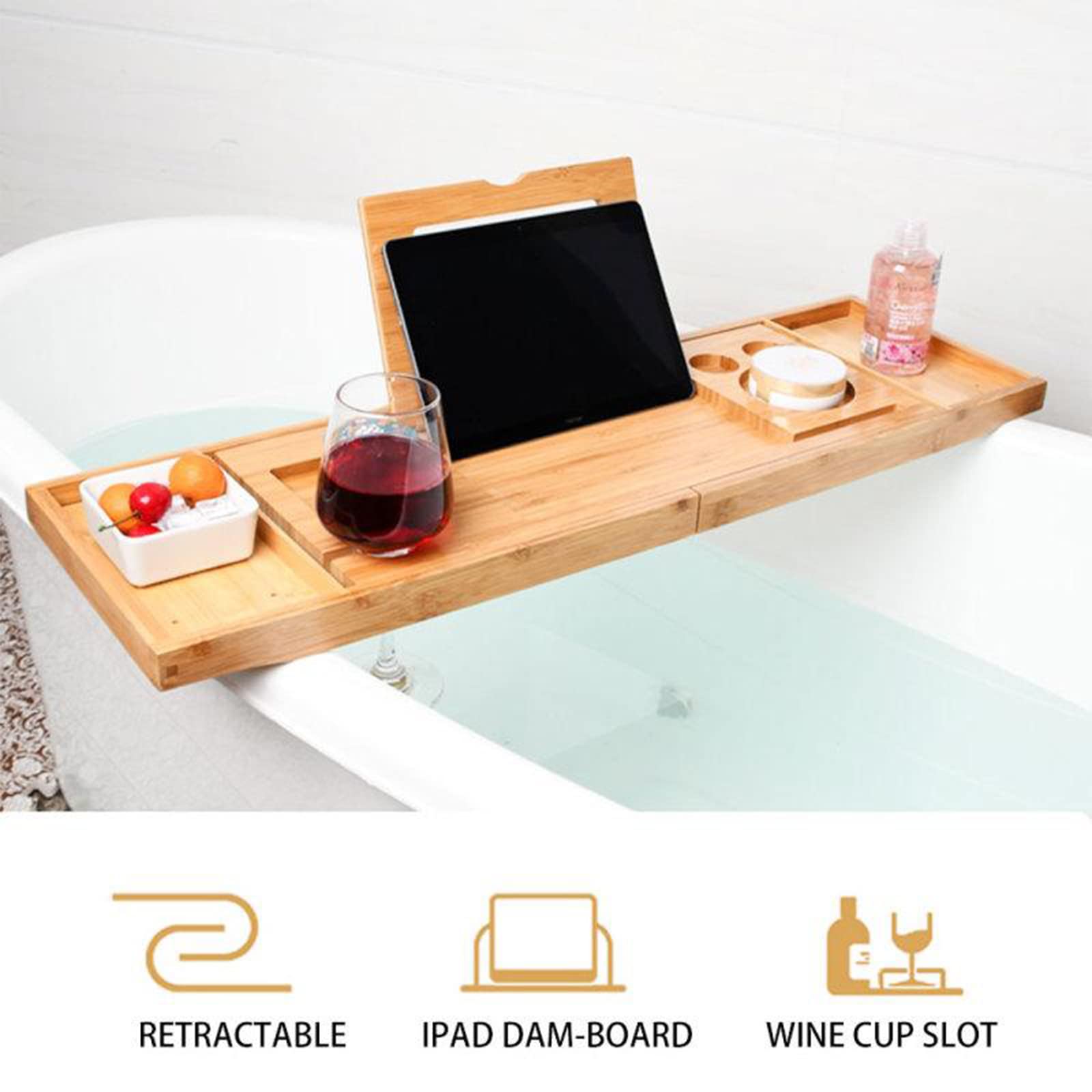 Bandeja de bambú para bañera, Organizador de Bandeja de bambú con Soporte para Libros, Soporte para Vino, Ranura para teléfono y Bandeja de tocador, Adecuado para la mayoría de los baños