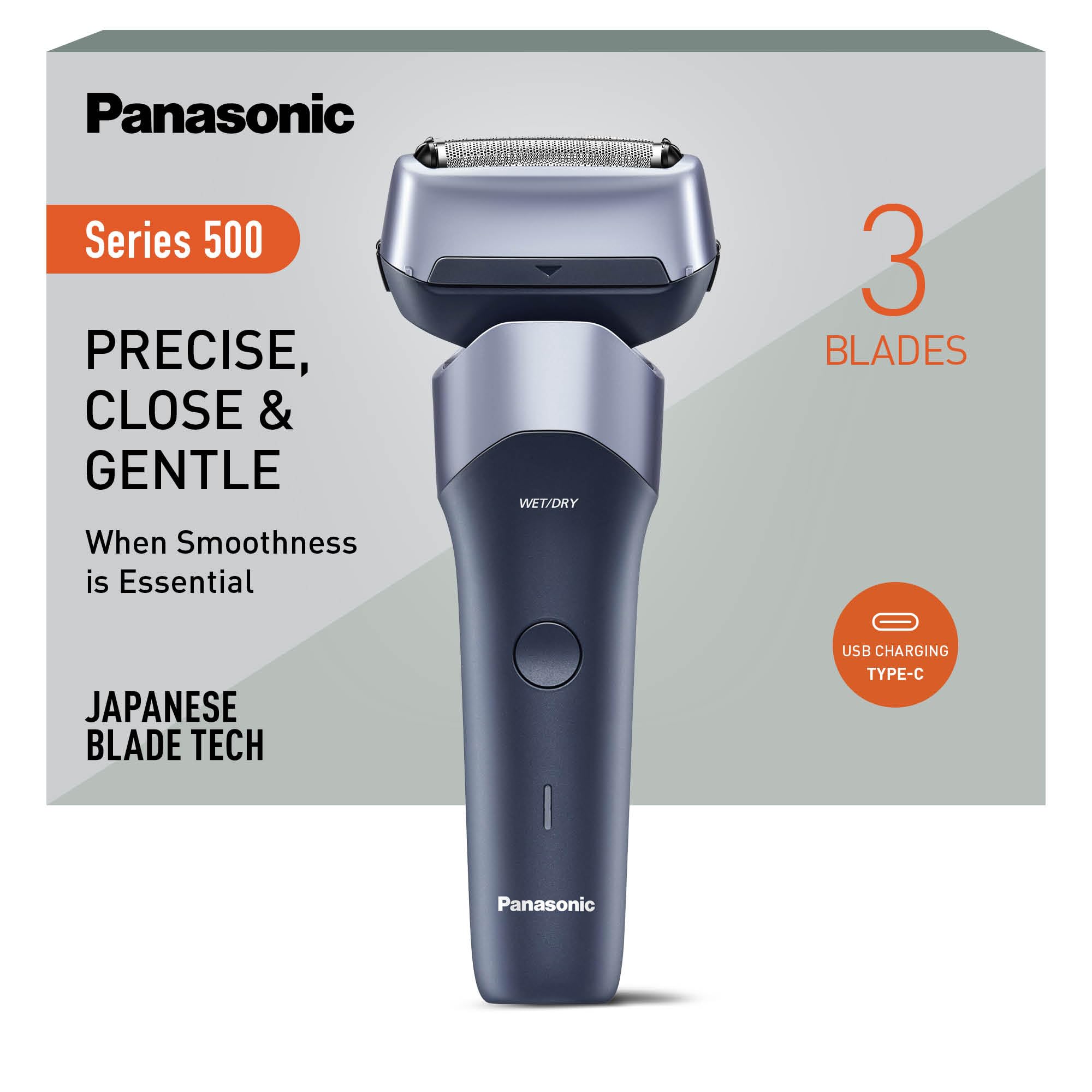 Panasonic Serie 500, ES-ERM3FV503 Serie 500 Rasoio Elettrico Ricaricabile a 3 Lame Wet & Dry, Acciaio Inox Giapponese, Testina Flessibile 10D, IPX7, Ricarica USB-C, Viola