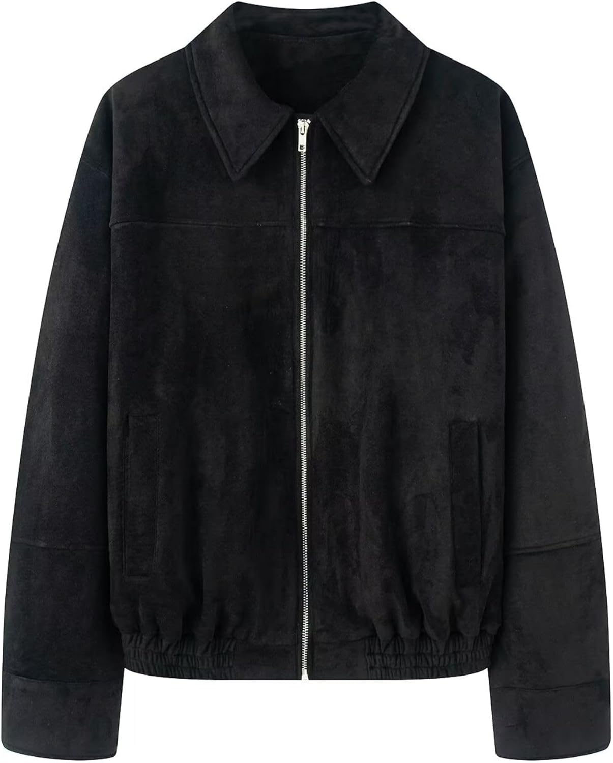 Xunger Women's Faux Suede Collar Pilot Jacket Oversized Casual Ribbed Hem Coat Vintage Streetwear Outerwear with Pockets