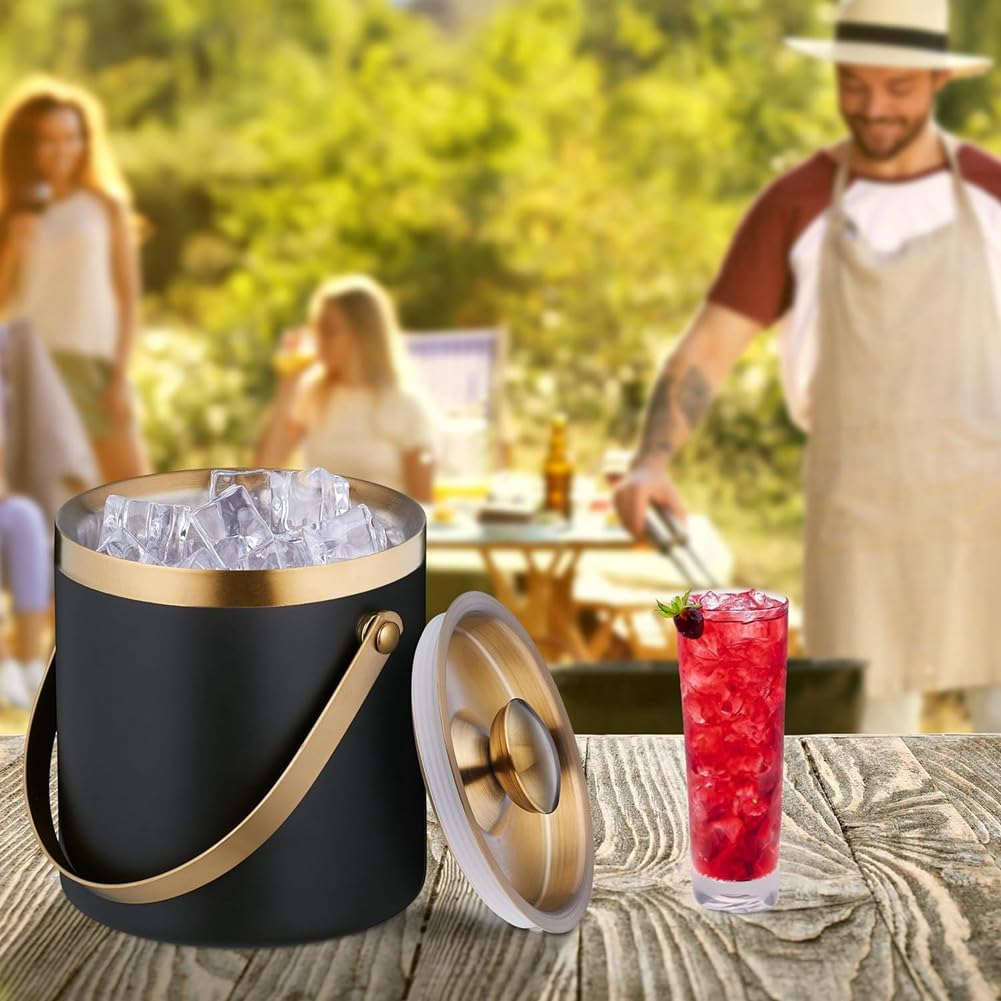 Cubitera para Hielo, Acero Inoxidable, Doble Pared, Cubitera con Tapa y Asa, 2 L, Cubitera para Hielo Negra y Dorada