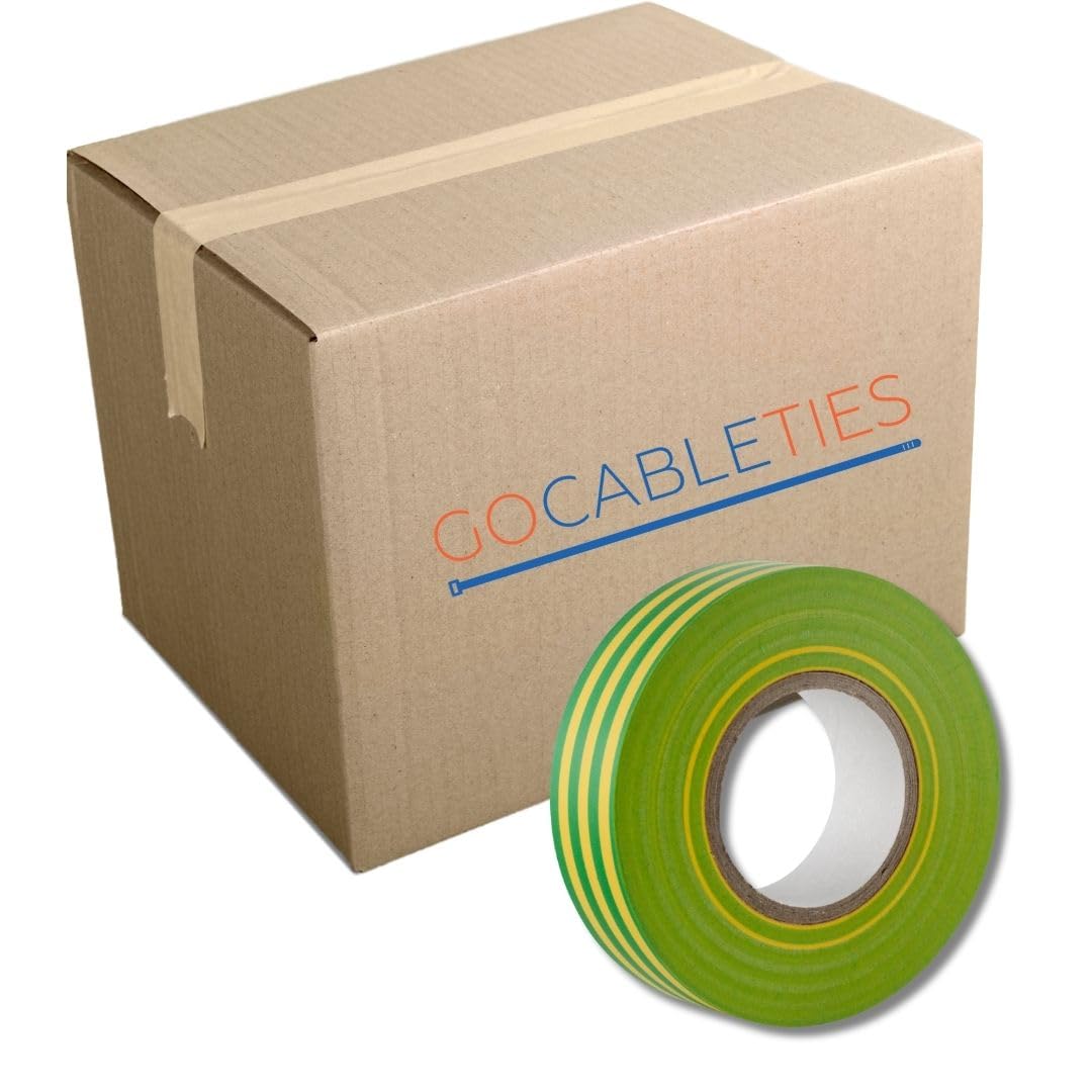Gocableties Earth Electrical Tape, 19mm x 20m, Bulk Box of 50 Rolls, Strong Self-Adhesive PVC Insulation Tape for Insulating, Repairing and Protecting Electrical