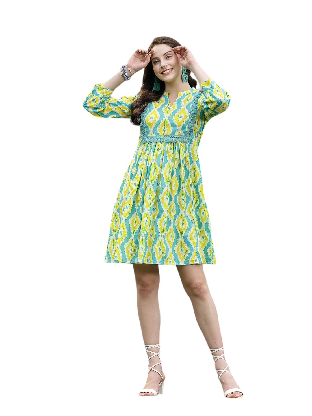 Stylum Women's Tropical Printed Cotton A-Line Dress (Drsicepop40_Green, L)
