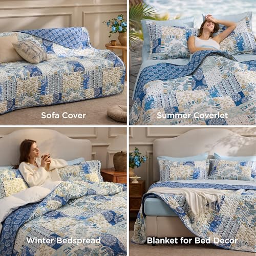 Image of Bedsure Patchwork Quilt Queen Size, Reversible Boho Comforter Bedding, Blue
