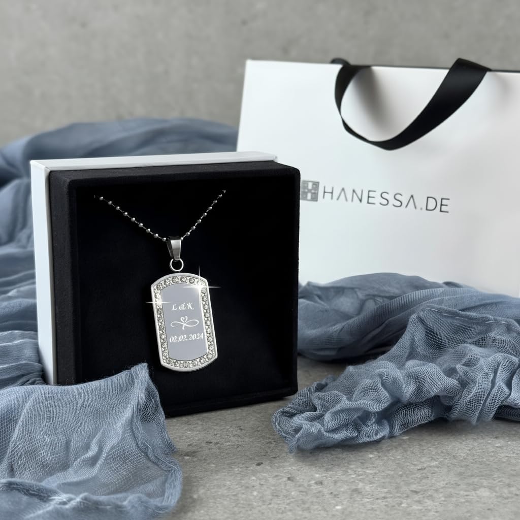 Personalisierte Kette mit Gravur Edelstahl 50 cm mit Anhänger Dog Tag mit Strass-Stein in silber - Personalisierte Halskette für Frauen - Personalisierter Schmuck Damen Kettenanhänger