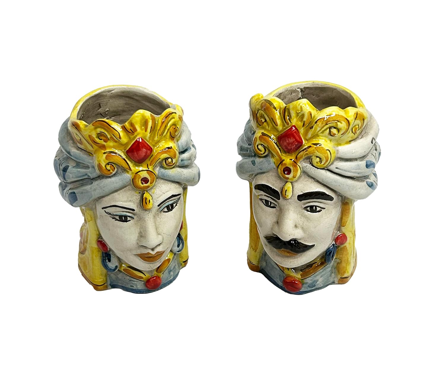 Par de cabezas de moro de cerámica siciliana de Caltagirone hechas a mano por los alfareros de Caltagirone
