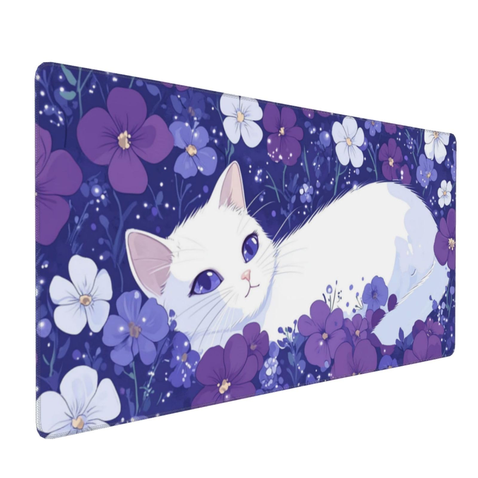 Tappetino Mouse XXL Fiore & Gatto, 100 x 50 cm Tappetino da Scrivania G486 | Tappetino per Mouse, Base in Gomma Antiscivolo, Superficie Impermeabile, Bordi Cuciti, Tappetino Scrivania per Ufficio, Gioco