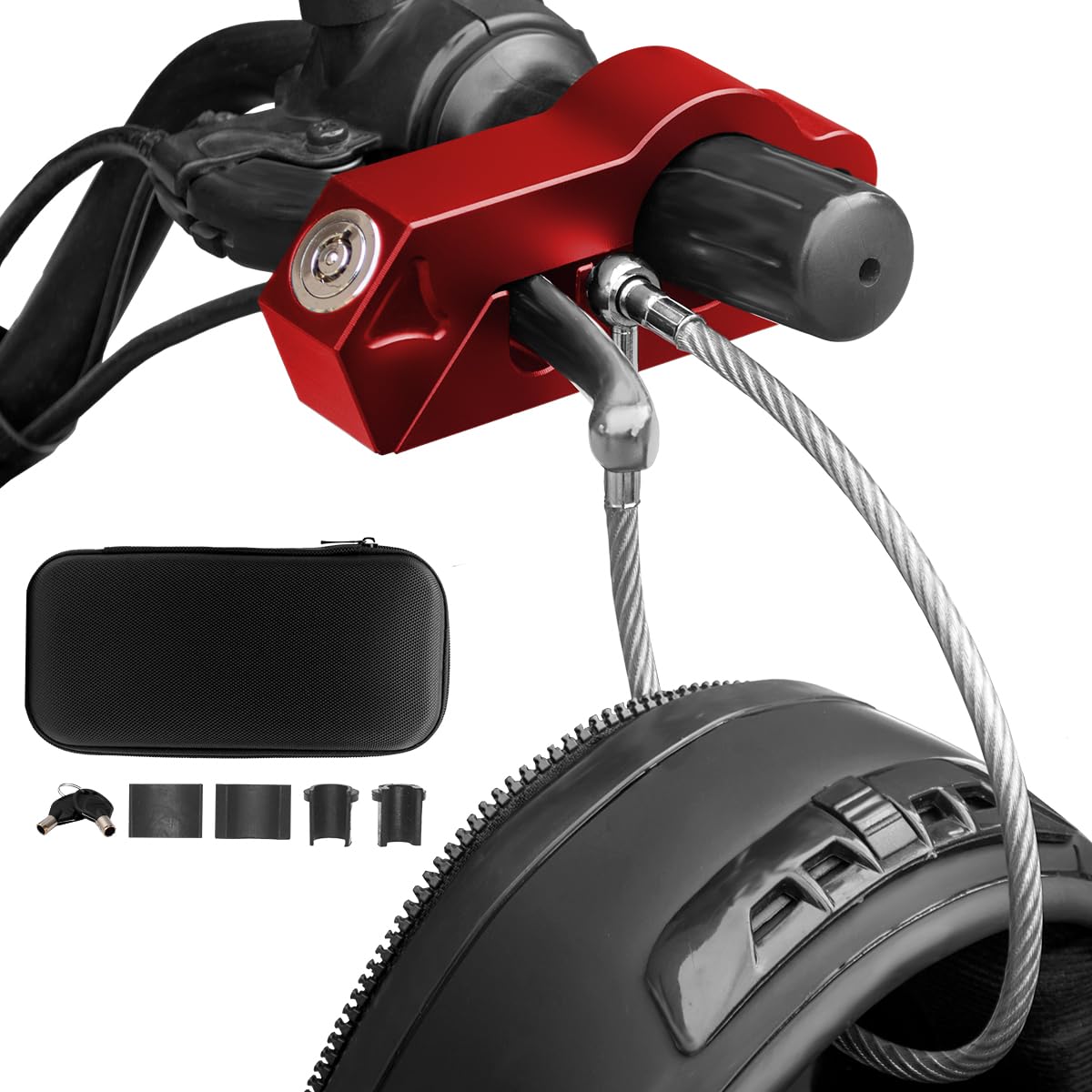 Combo de bloqueo de casco de motocicleta y manillar, bloqueo de freno antirrobo para manillares de 1.3 a 1.5 pulgadas, para todos los triciclos de bicicleta, ATV y scooter (rojo)