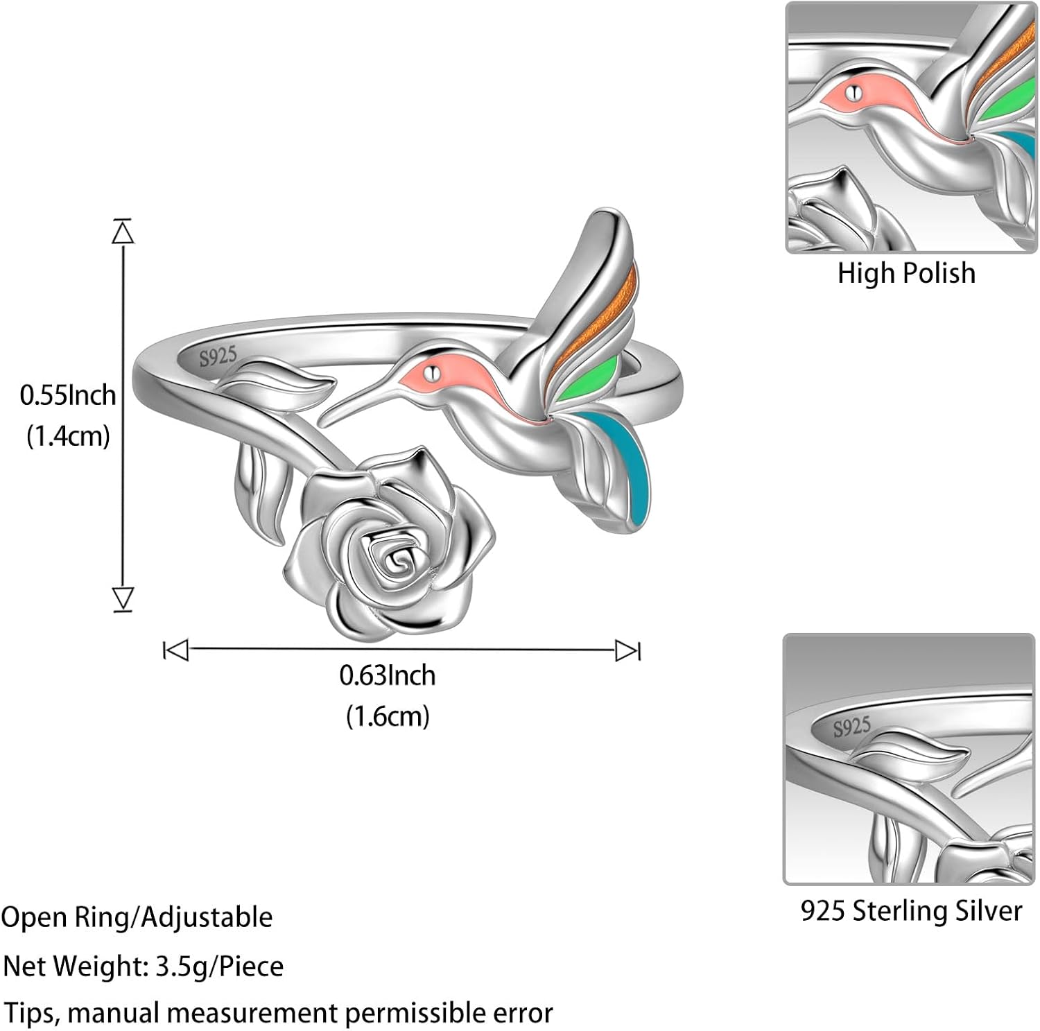 Jewmon 925 Sterling Silver Hummingbird Calla Lily Flower Ring for Women Cute Animal Hummingbird Flower Rose Wrap Ring Birthday Graduation Christmas Day Jewelry Gifts for Mom Daughter Wife Girlfriend