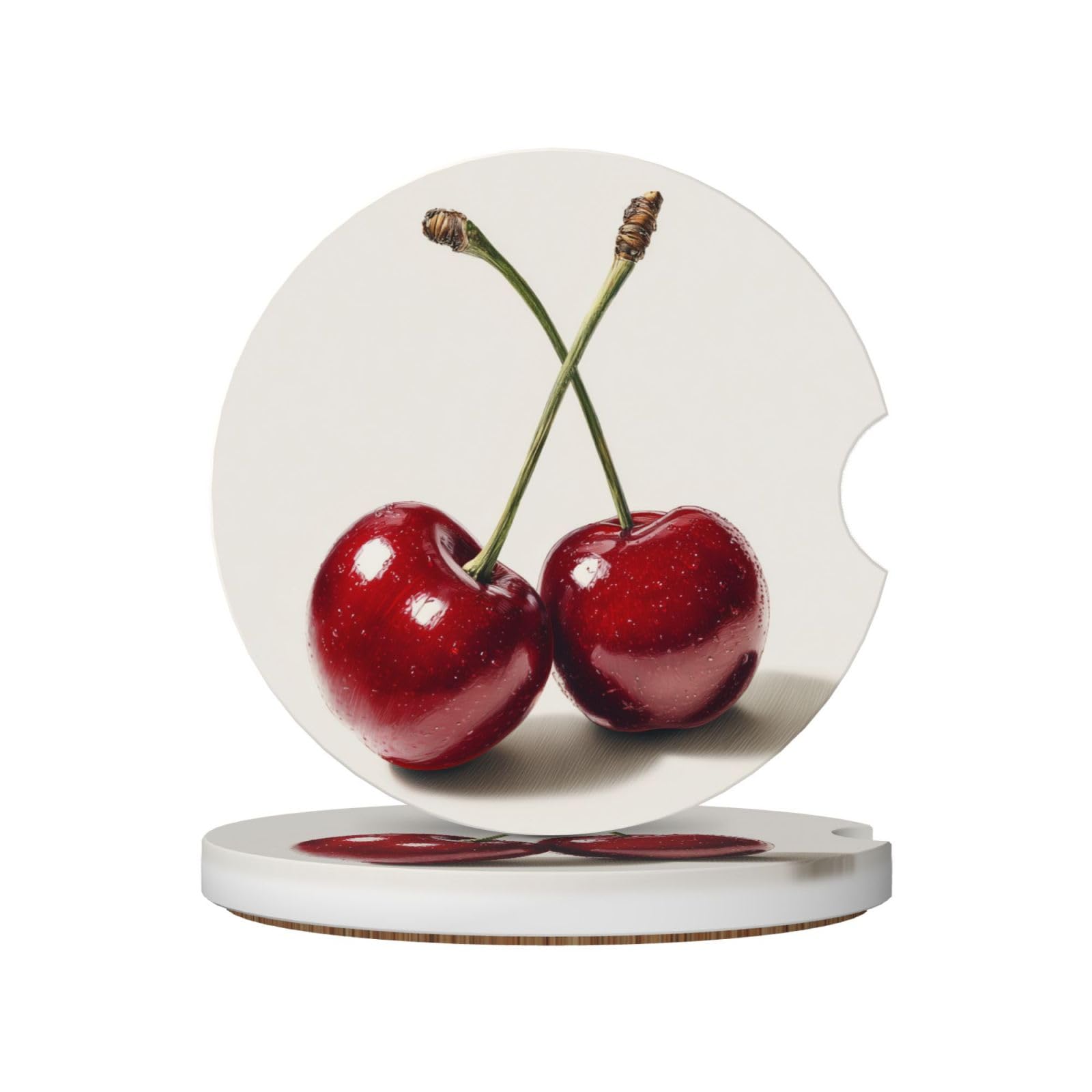 Two Ripe Glossy Cherries Ceramic Coasters,2pcs