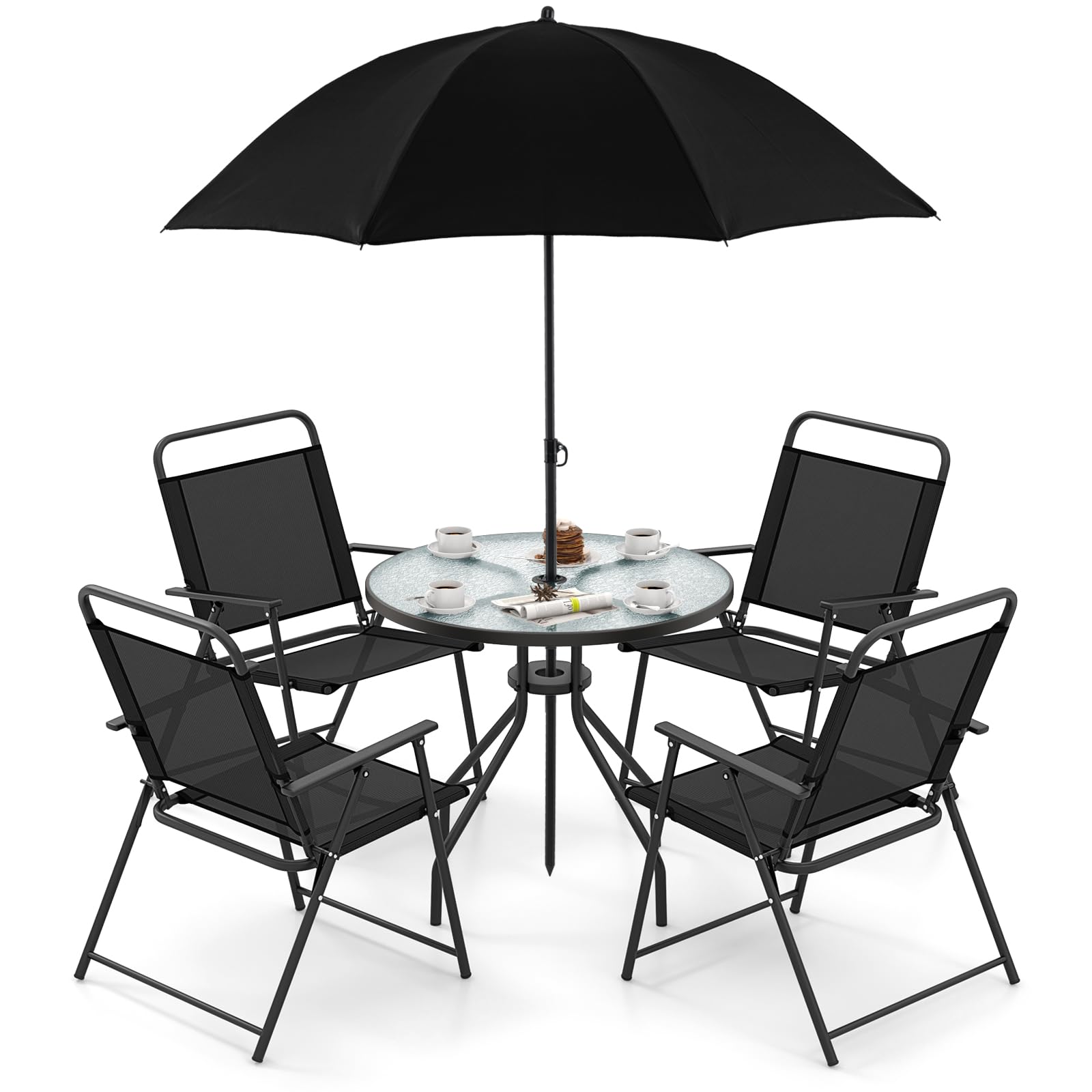 COSTWAY 6 Piece Garden Furniture Sets with Parasol, Patio Dining Set with 4 Folding Chairs & Tempered Glass Table, Outdoor Table and Chairs Set for Balcony Poolside (Black, 50kg Table, 150kg Chair)