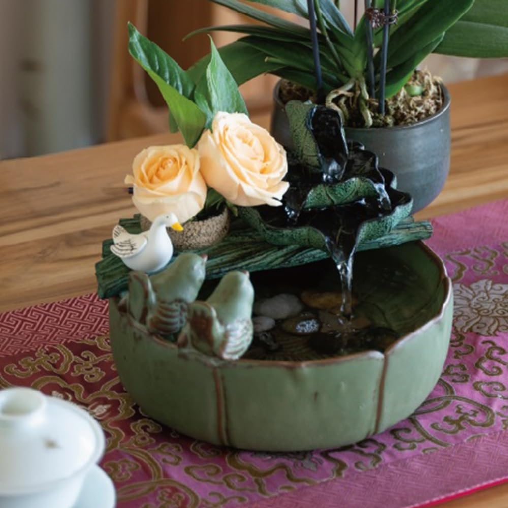 Relajación Fuente de Escritorio con Forma pájaro y Hoja Loto, pequeña Fuente Agua Corriente cerámica, decoración del hogar Serenidad(Medio)